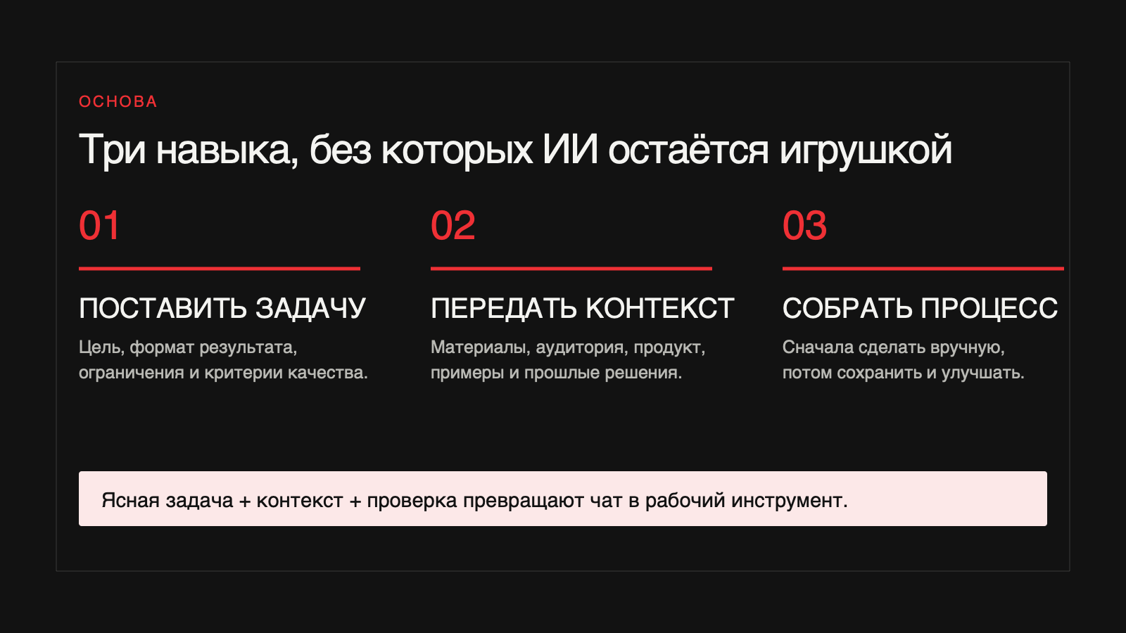 Три навыка работы с ИИ: поставить задачу, передать контекст и собрать процесс
